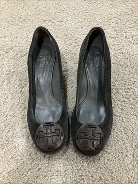 Tory Burch Dark Brown Suede Logo Round-Toe Flats